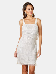 51025 - Short Beaded Fringe White Dress