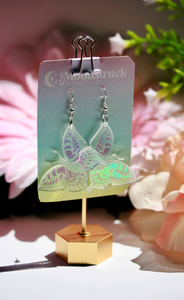 Butterfly Earrings- Winged Creature Moth Monarch Insect Luna Bug Acrylic Laser Cut Iridescent Reflective Rainbow Opalescent Festival Rave