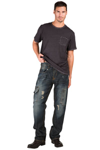 Men's Relaxed Premium Denim Jeans Distressed Dark Blue Wash Utility Cargo Pockets