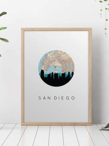 San Diego, California City Skyline With Vintage San Diego Map