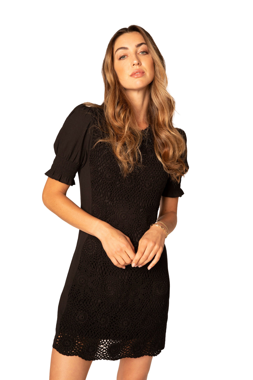 Crochet Puff Sleeve Dress - Black