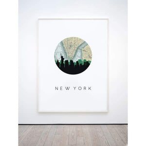 New York, New York City Skyline With Vintage New York Map