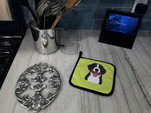 Load image into Gallery viewer, Checkerboard Lime Green Bernese Mountain Dog Pair of Pot Holders
