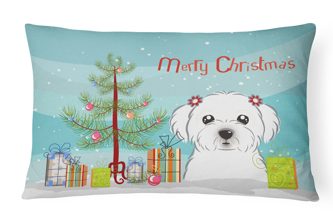 12 in x 16 in  Outdoor Throw Pillow Christmas Tree and Maltese Canvas Fabric Decorative Pillow