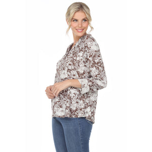 Pleated Long Sleeve Floral Print Blouse