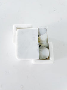 Grey Mother Of Pearl White Marble Coasters With Holder (Set Of 4)