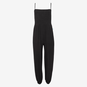 Solid Ribbed Black Women's Smocked Spaghetti Jumpsuit