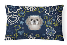 Load image into Gallery viewer, 12 in x 16 in  Outdoor Throw Pillow Blue Flowers Gray Silver Shih Tzu Canvas Fabric Decorative Pillow