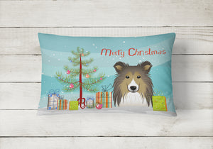 12 in x 16 in  Outdoor Throw Pillow Christmas Tree and Sheltie Canvas Fabric Decorative Pillow