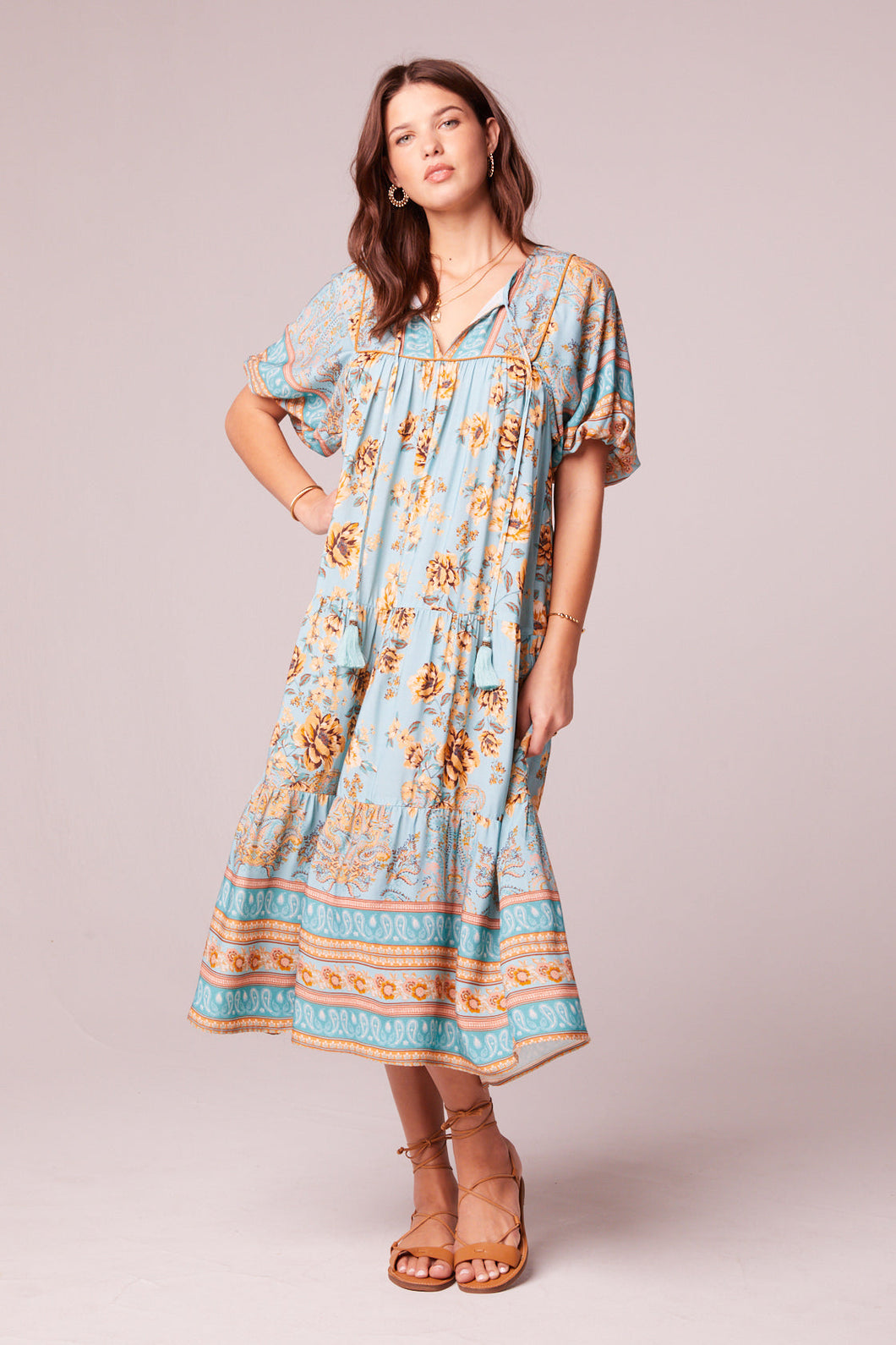 Rosa Light Teal Border Midi Dress