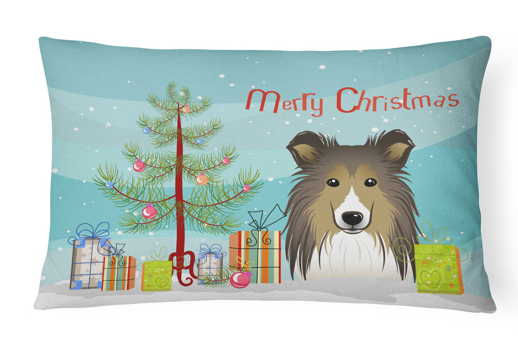 12 in x 16 in  Outdoor Throw Pillow Christmas Tree and Sheltie Canvas Fabric Decorative Pillow