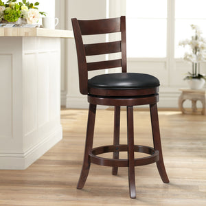 Quill Dark Cherry Full Back Wood Frame Swivel Bar Stool With Faux Leather Seat