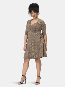 Sweetheart Wrap A-Line Dress in Confetti Dot Chocolate Chip Brown (Curve)