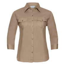 Load image into Gallery viewer, Russell Collection Womens/Ladies Roll-Sleeve 3/4 Sleeve Work Shirt (Khaki)