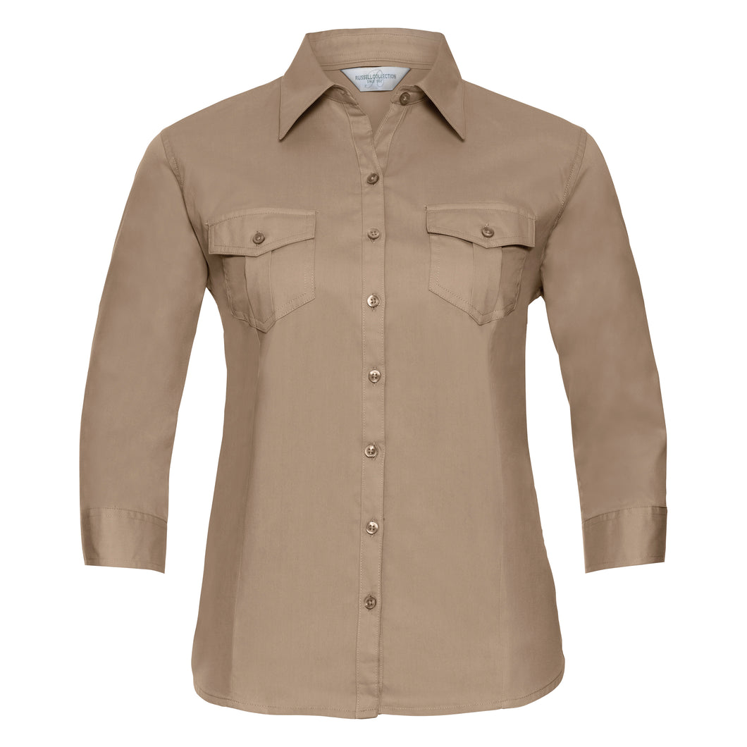Russell Collection Womens/Ladies Roll-Sleeve 3/4 Sleeve Work Shirt (Khaki)