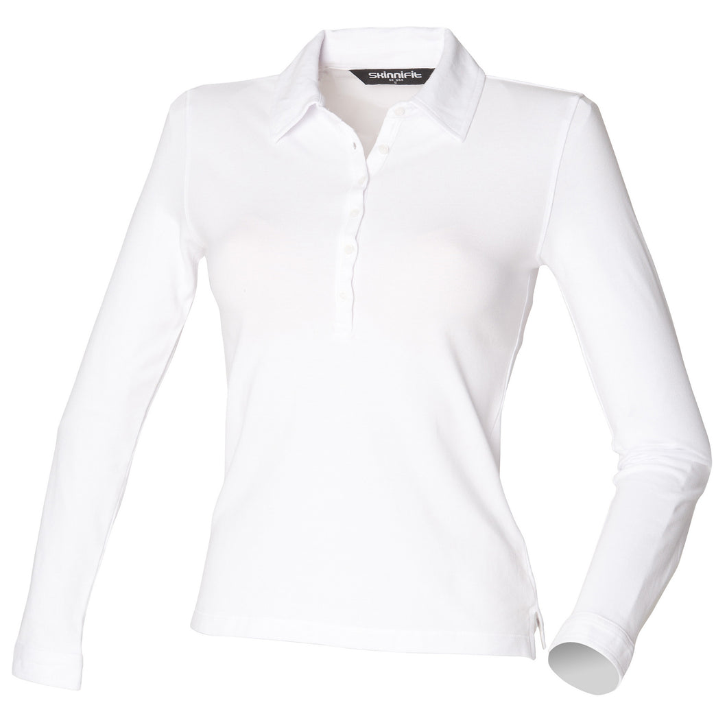 Skinni Fit Ladies/Womens Long Sleeve Stretch Polo Shirt (White)