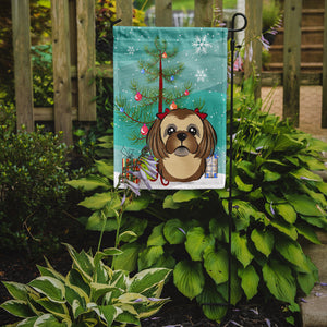11" x 15 1/2" Polyester Christmas Tree And Chocolate Brown Shih Tzu Garden Flag 2-Sided 2-Ply