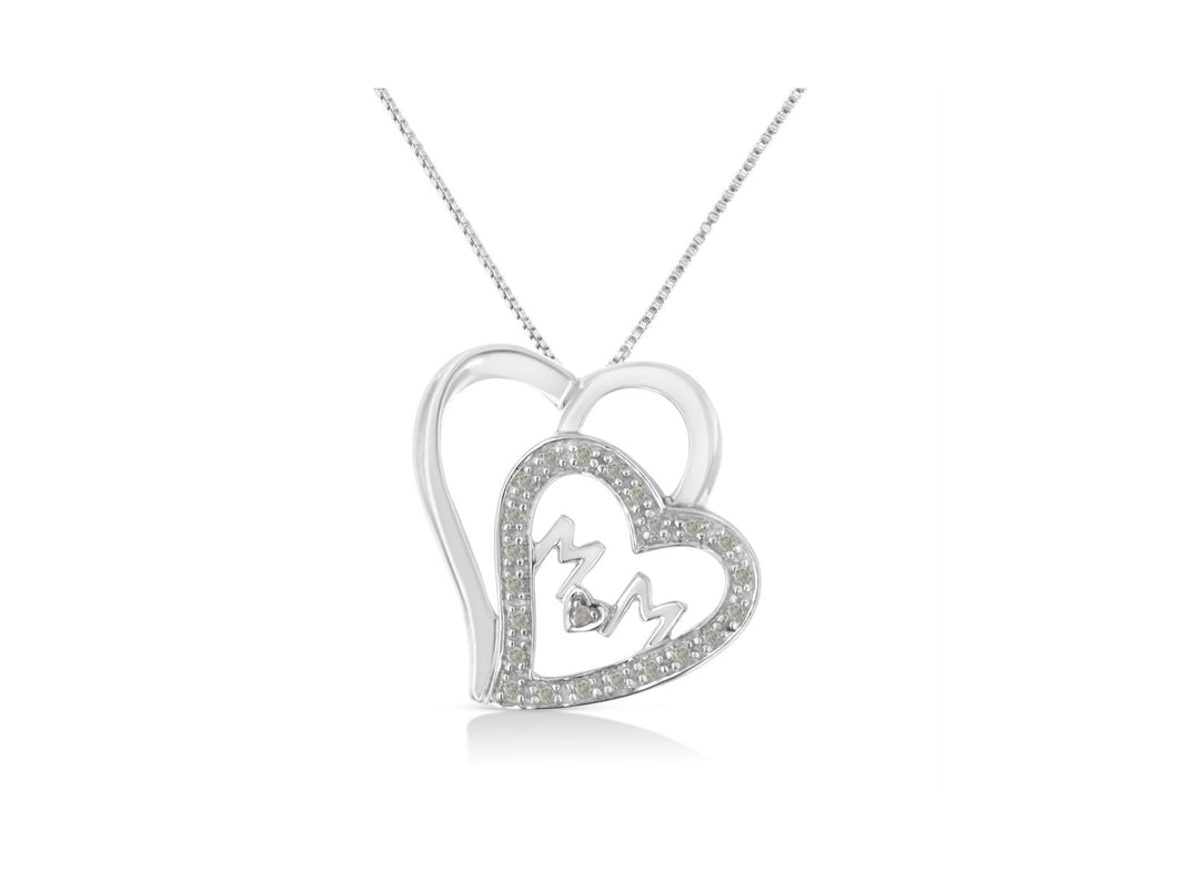 .925 Sterling Silver 1/10 Cttw Diamond Double Heart and Mom 18