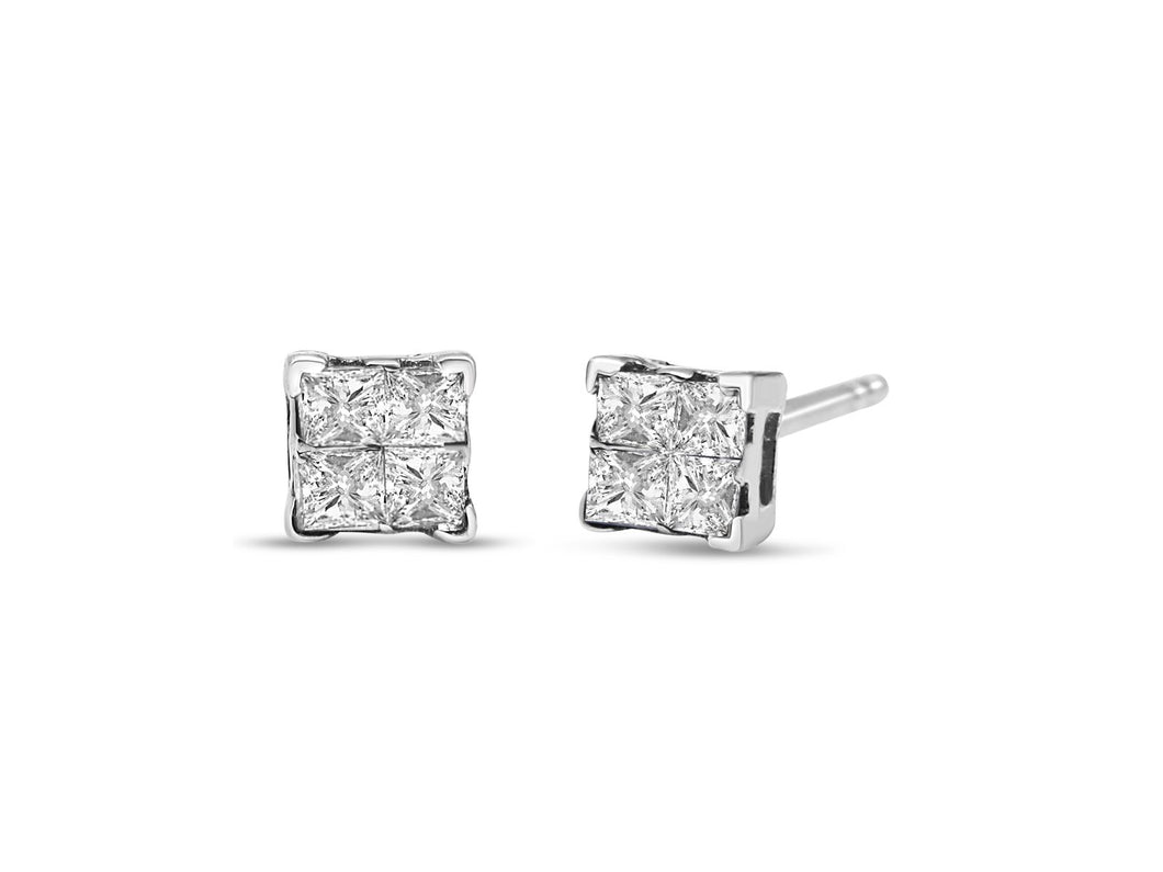 .925 Sterling Silver 1/2 Cttw Invisible Set Princess Diamond Composite Quad Stud Earrings