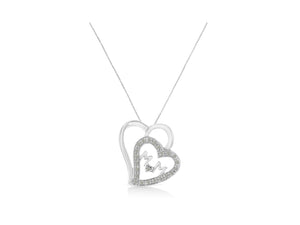 .925 Sterling Silver 1/10 Cttw Diamond Double Heart and Mom 18" Pendant Necklace