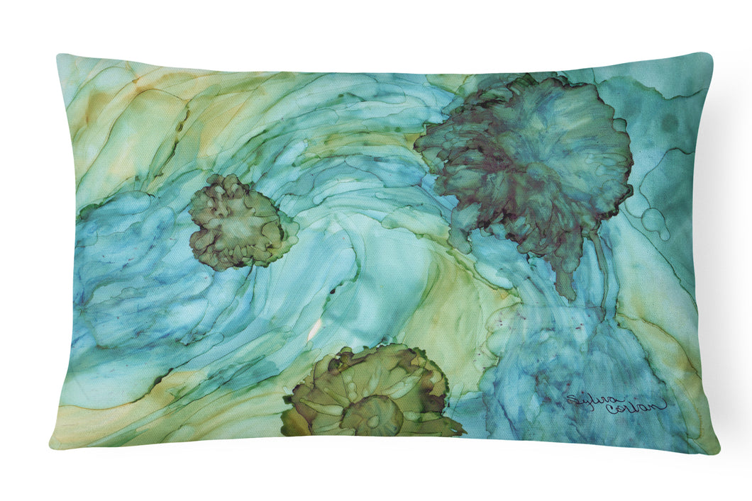 12 in x 16 in  Outdoor Throw Pillow Abstract in Teal Flowers Canvas Fabric Decorative Pillow