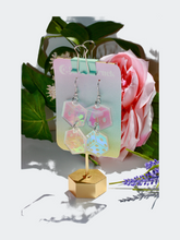 Load image into Gallery viewer, Iridescent Dice Earrings - Gambling Dominoes Shakers Bones Craps Casino Bet Las Vegas Gaming Lasercut Reflective Rainbow Dangle