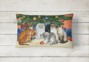 12 in x 16 in  Outdoor Throw Pillow Cats under the Christmas Tree Canvas Fabric Decorative Pillow