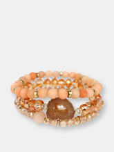 Load image into Gallery viewer, Coral Soapstone and Multi Glass Beaded Stretch Bracelet with Orange Druzy Pendant - Set of 3