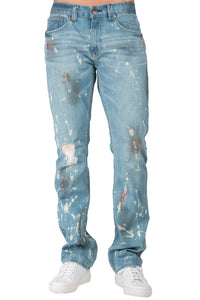 Men's Slim Straight Premium Jeans Blue Paint Splatter Bleach Spots