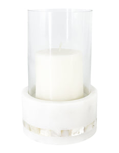 White Marble Hurricane Candle Holder With Mother Of Pearl Stripe