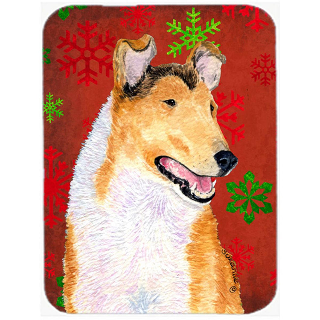 SS4677LCB Collie Smooth Red And Green Snowflakes Christmas, Glass Cutting Board - Large