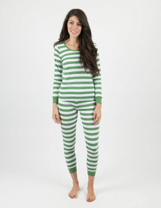 Womens Green & White Stripes Cotton Pajamas
