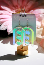 Load image into Gallery viewer, Retro Dot Earrings - Retro Dot MCM Mid Century Modern Themed Dreamy Cut Out Geometric Large Lasercut Iridescent Rainbow Reflective Acrylic Dichromatic