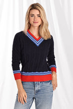 Load image into Gallery viewer, Cttn Cable V With Striped Trims Sweater