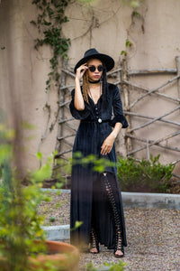 Velvet Peignoir Dressing Gown - Black