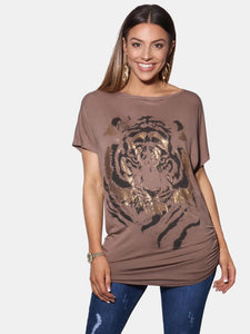 Womens/Ladies Oversized Tiger T-Shirt - Mocha