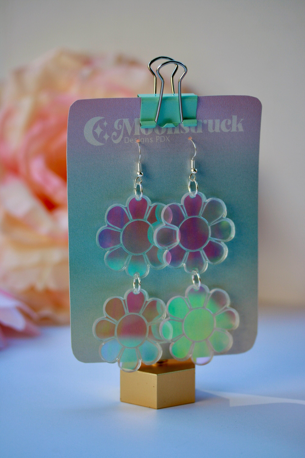 Double Daisy Earrings - Retro Groovy 70s Flower Bloom Blossom Plant Color Shift Jewelry Dangle Acrylic Holo Iridescent Rainbow Reflective