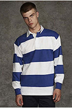 Load image into Gallery viewer, Front Row Sewn Stripe Long Sleeve Sports Rugby Polo Shirt (White &amp; Royal (White collar))