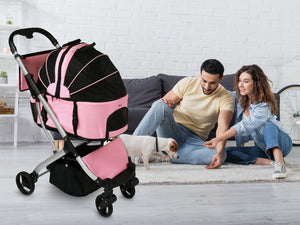 3-in-1 Pink Waterproof Pet Stroller with Removable Carrier, 6 Pocket Organizer & Basket, One-Hand Fold