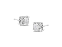 Load image into Gallery viewer, .925 Sterling Silver 1/6 Cttw Invisible Set Princess-Cut Diamond Quad Composite Stud Earrings