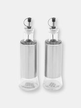 Load image into Gallery viewer, Michael Graves Design Essence 2 Piece 10 Ounce Stainless Steel Oil and Vinegar Set with Clear Glass Bottoms, Silver