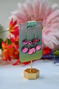 Cherry Earrings - Iridescent Pink Mirrored Fruit Flower Cute Fantasy Prismatic Psychedelic Angelic Kawaii Sparkle Rainbow Blossom Berry Reflective