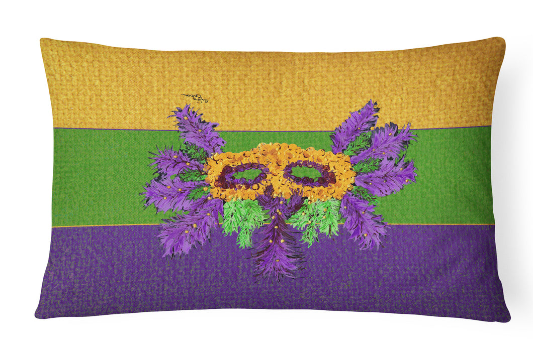 12 in x 16 in  Outdoor Throw Pillow Mardi Gras Mask and Feathers Canvas Fabric Decorative Pillow