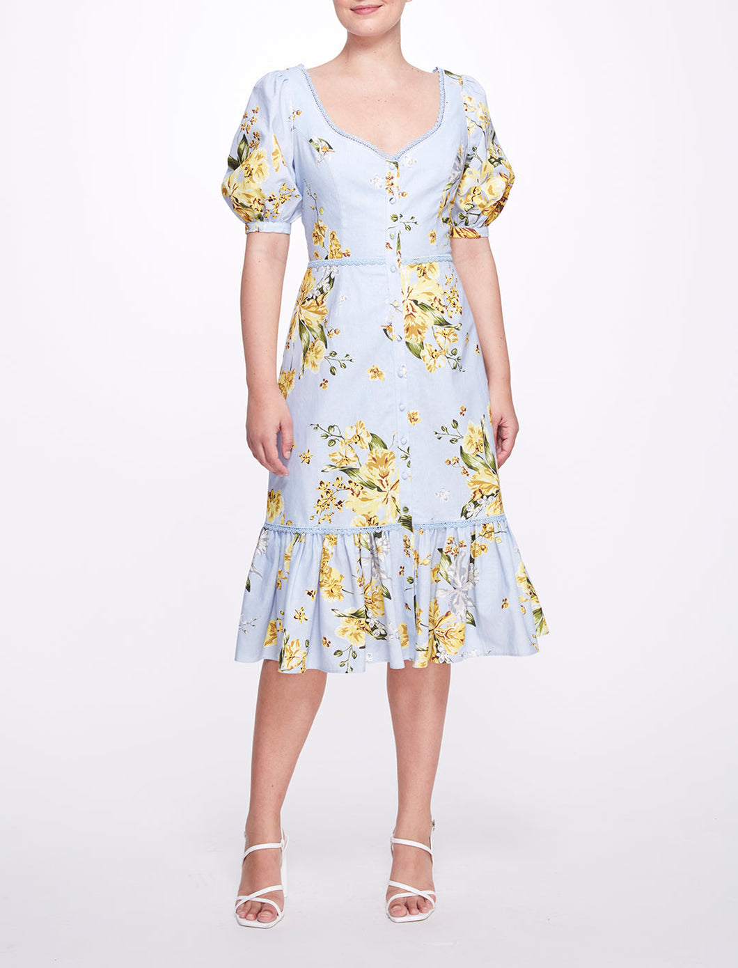 Sweetheart Neckline Floral Print Fitted Midi Dress - Dusty Blue