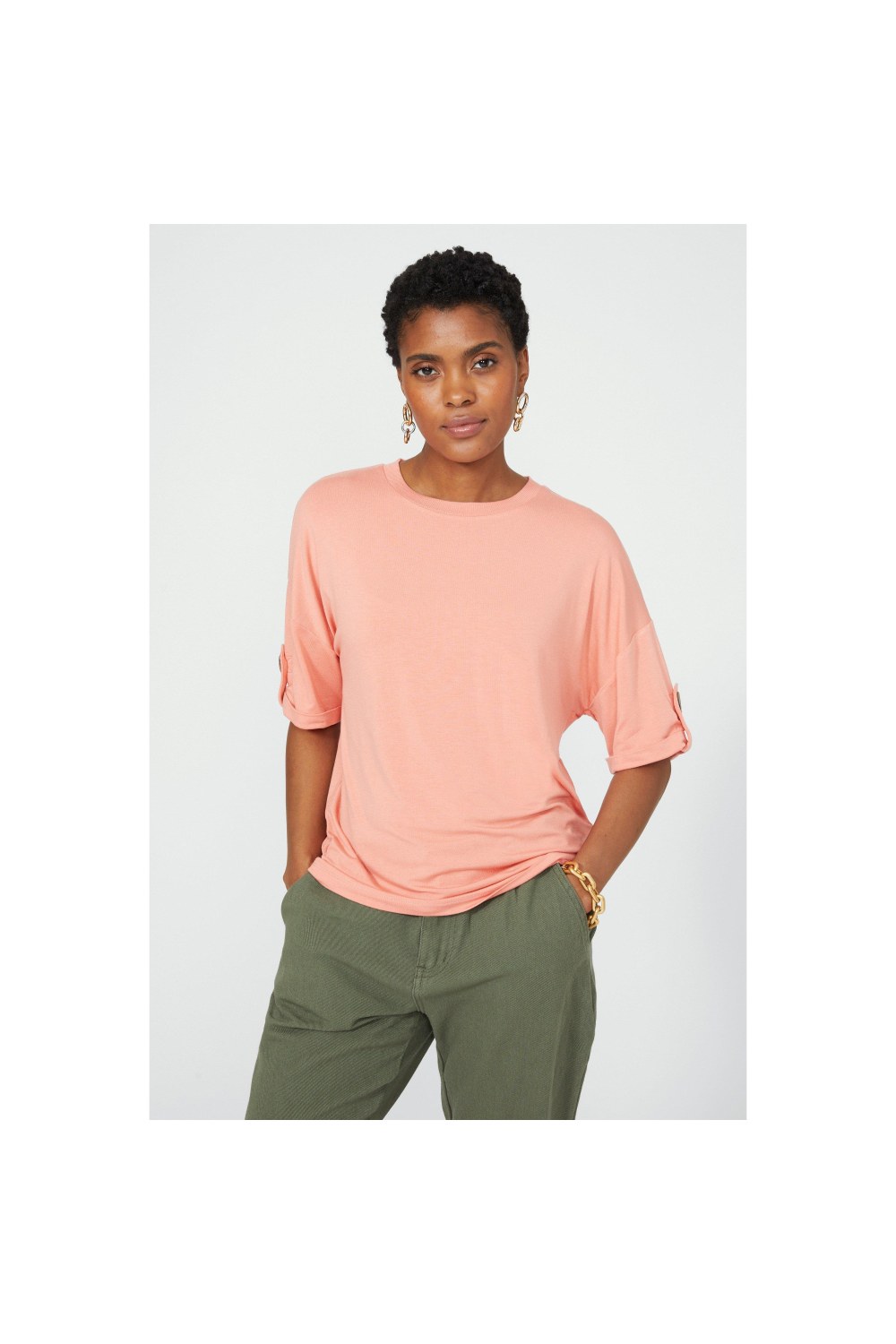Womens/Ladies Button Detail T-Shirt - Coral