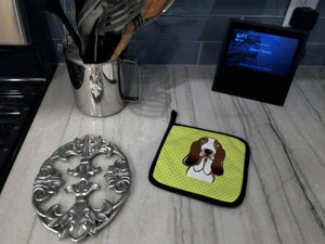 Checkerboard Lime Green Basset Hound Pair of Pot Holders