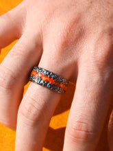 Load image into Gallery viewer, Fire in My Soul Black Rhodium Plated Sterling Silver Textured Red Orange Enamel Band Ring