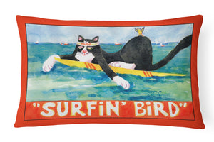 12 in x 16 in  Outdoor Throw Pillow Black and white Cat Surfin Bird Canvas Fabric Decorative Pillow