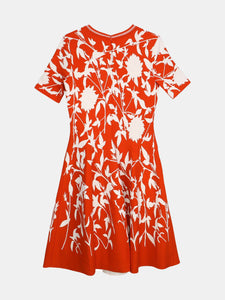 Oscar De La Renta Women's Orange / White Short Sleeve Floral Damask Fit-and-Flare Dress - S