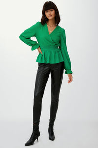 Womens/Ladies Crinkled Shirred Waist Wrap Top - Green